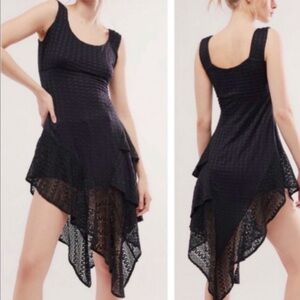 FREE PEOPLE SIERRA CROCHET SLEEVELESS LACE MINI MIDI ASYMMETRICAL DRESS BLACK LG